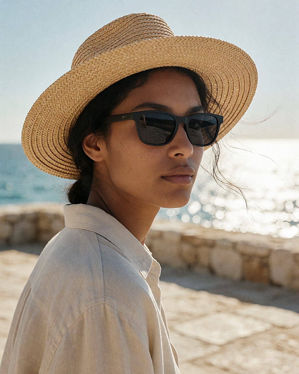 Jeune femme de trois-quarts sur une terrasse ensoleillée, lunettes de soleil et chapeau de paille