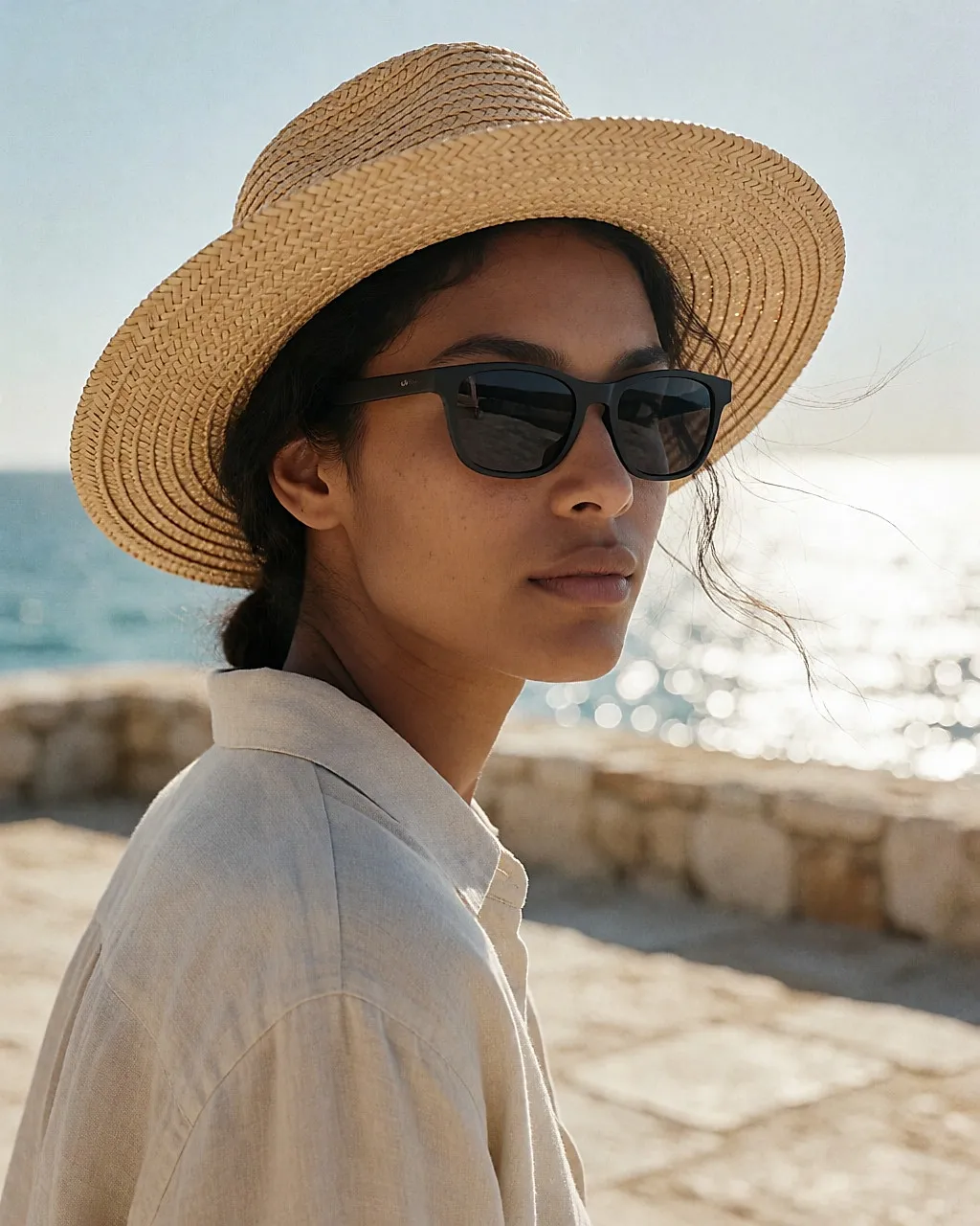 Junge Frau im Dreiviertelprofil auf einer sonnigen Terrasse, mit Sonnenbrille und Strohhut