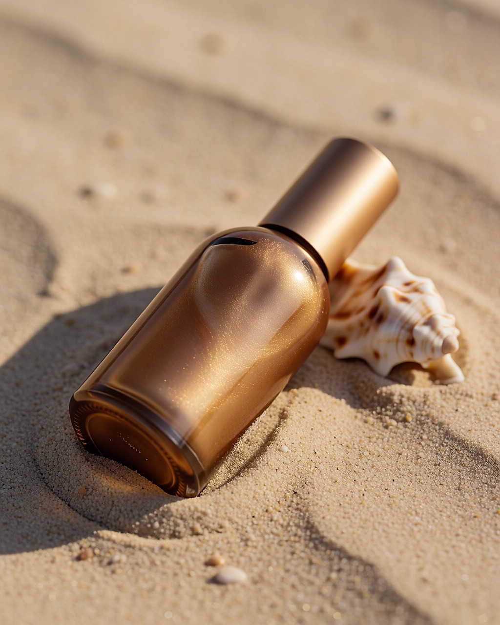 Flacon doré d'huile booster de bronzage posé sur le sable chaud