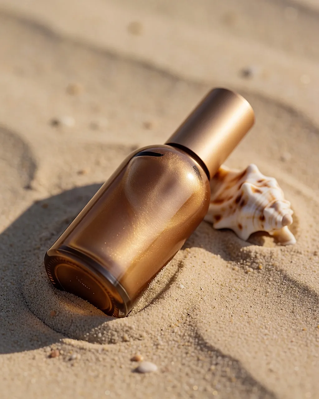 Goldene Flasche mit Bräunungs-Booster-Öl auf warmem Sand