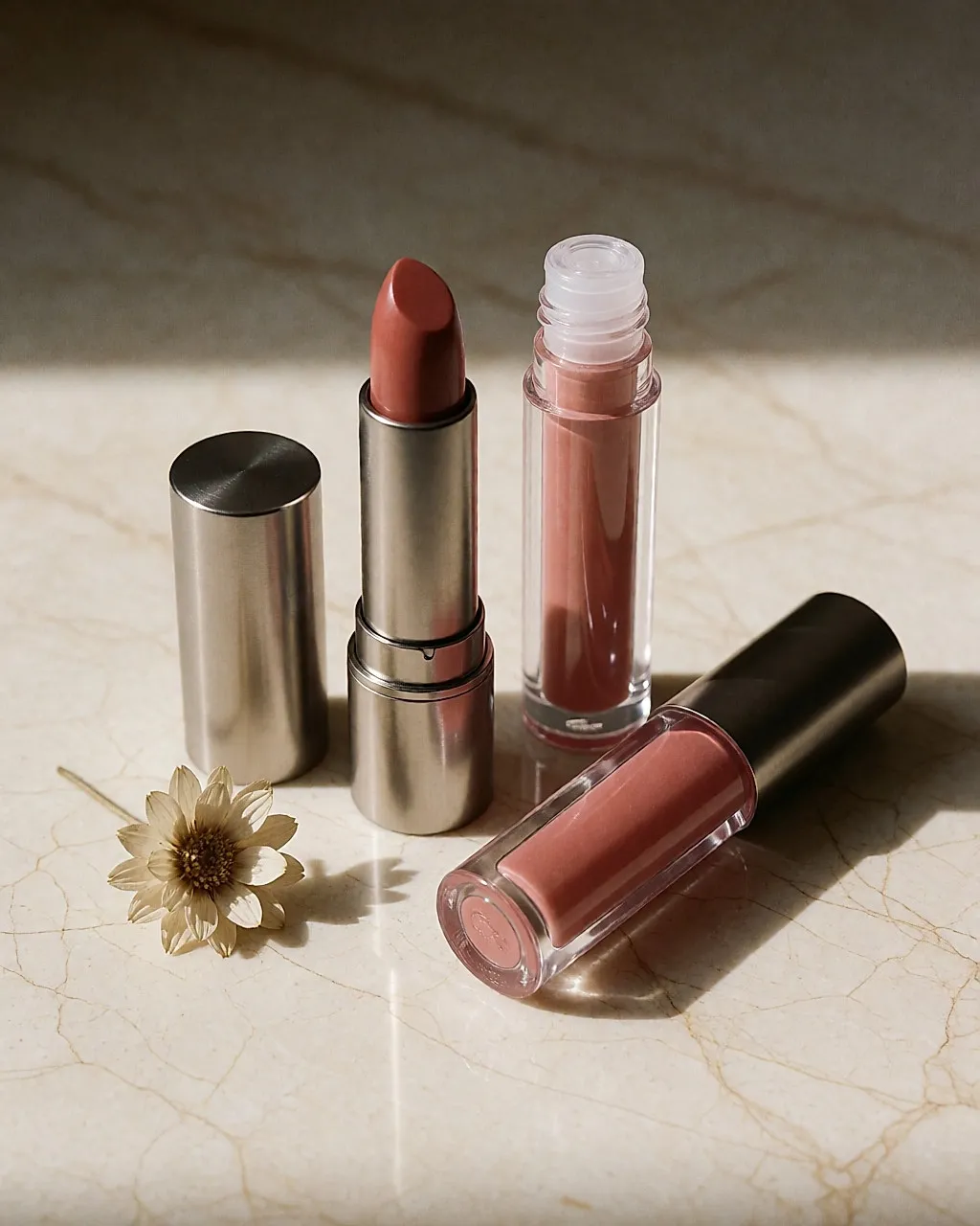 Getönter Lippenpflegestift und Lipgloss auf hellem Marmor, weiches Licht