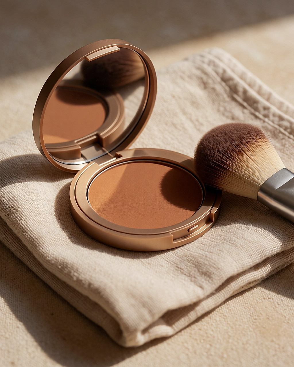 Poudre de bronzage ouverte et pinceau posés sur une serviette beige