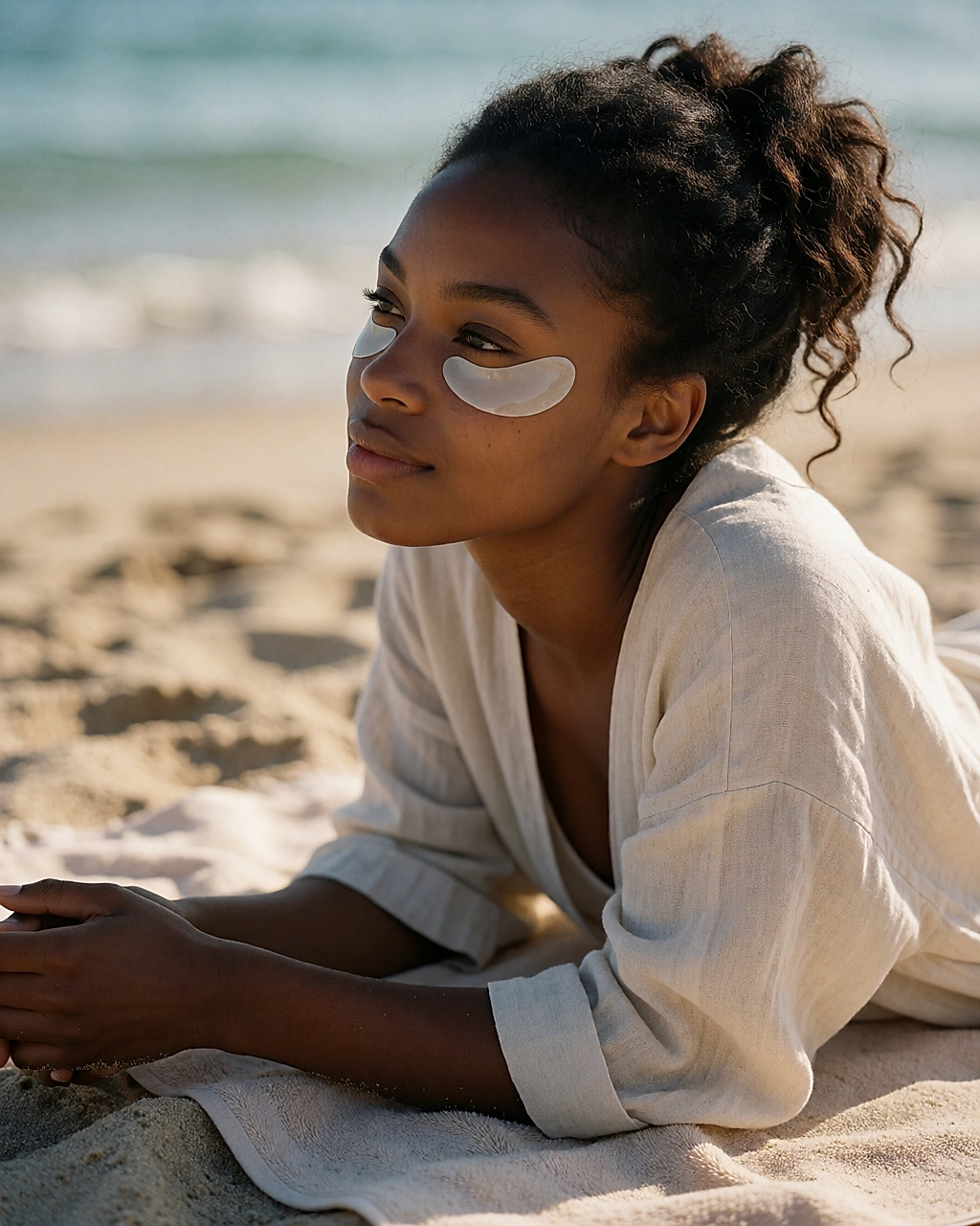Jeune femme allongée avec des patchs hydrogel concombre sous les yeux