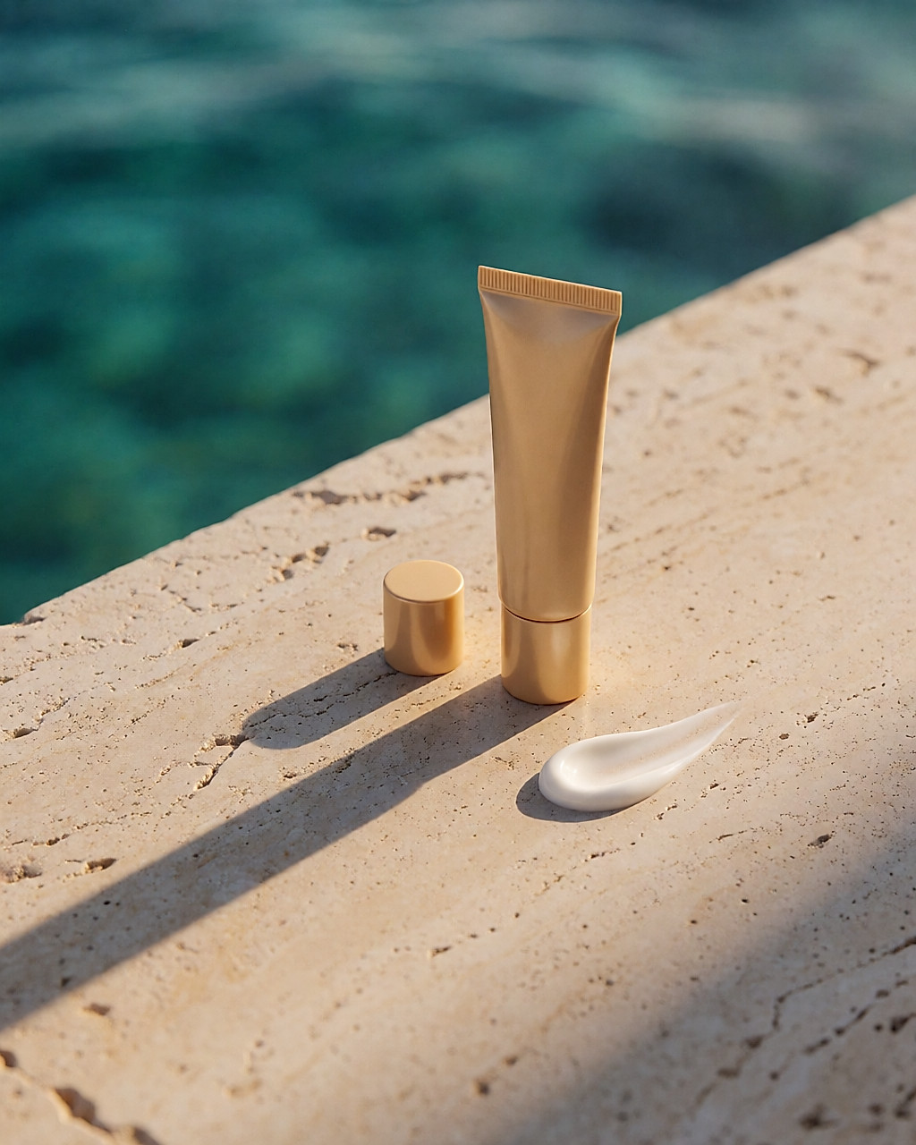 Tube de crème solaire doré ouvert sur un rebord de pierre, mer floue derrière