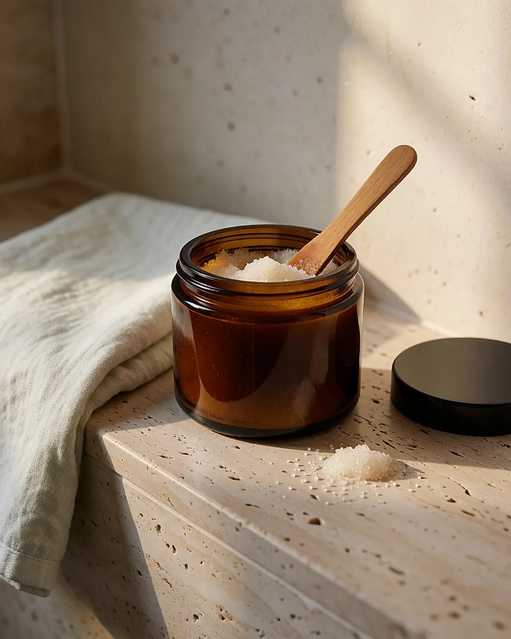 Geöffneter Topf mit sanftem Peeling und Holzlöffel auf einem Steinregal, gefaltetes Handtuch, weiches Licht