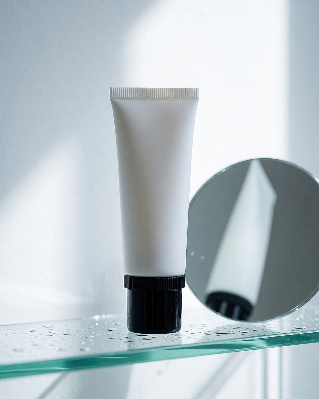 Tube blanc à bague rotative noire posé sur une étagère de verre près d'un miroir, lumière claire