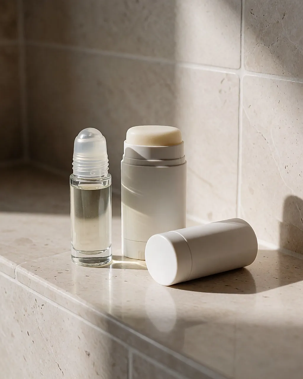 Roll-on aus Glas und Antitranspirant-Stick nebeneinander auf hellem Stein, Nahaufnahme