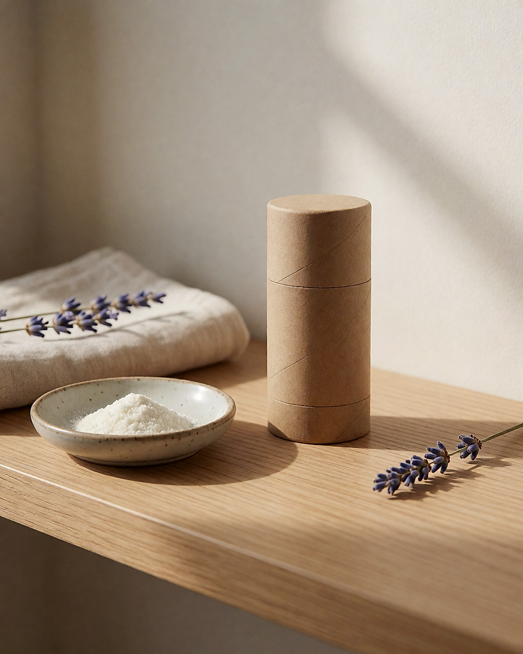 Déodorant solide en étui kraft, argile blanche et lin naturel posés sur une étagère en bois
