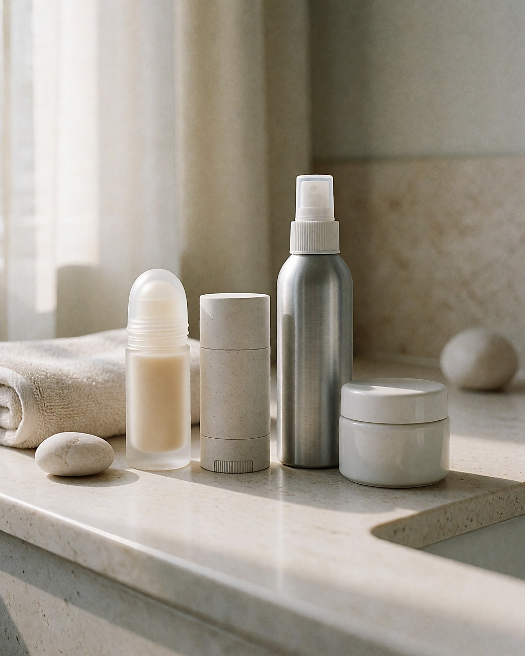 Déodorants et antitranspirants sans marque alignés sur un comptoir de salle de bain en pierre claire