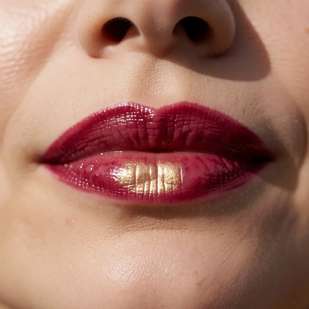 Glänzende, beerig getönte Lippen mit einem goldenen Creme-Highlighter in der Mitte