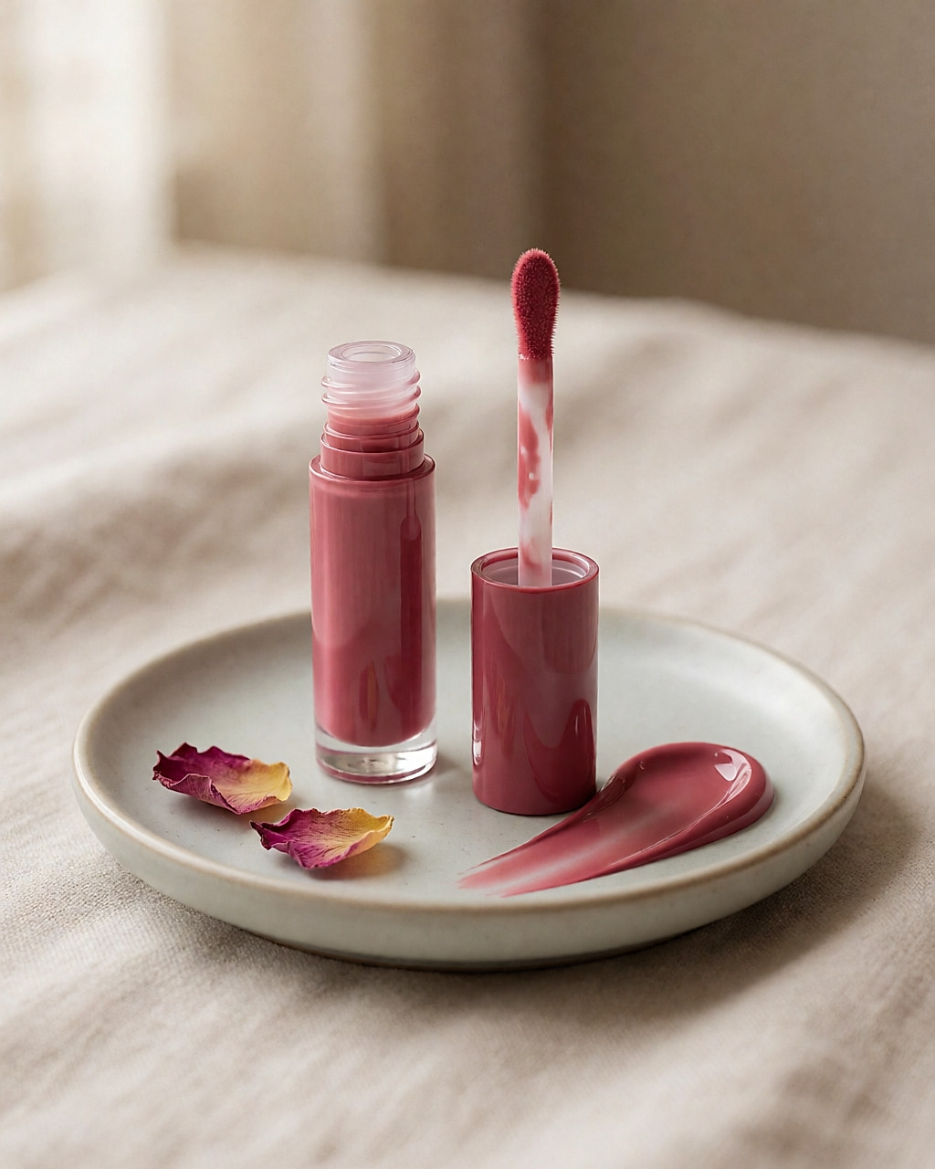 Gloss rose brillant, applicateur posé sur une coupelle, sur un lin beige