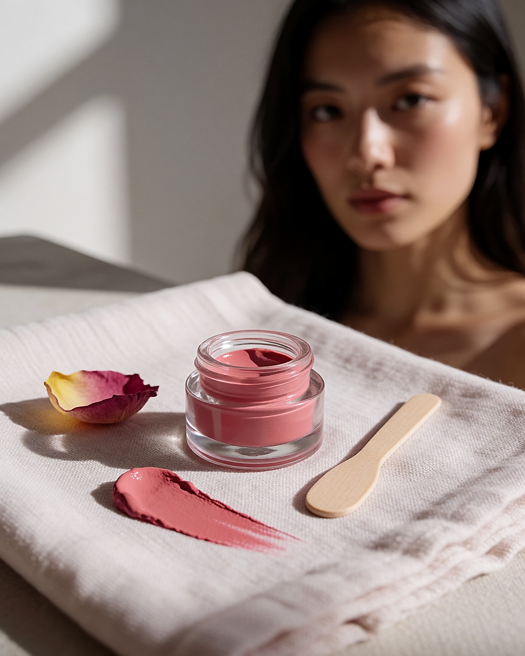 Petit pot de verre d'une gelée blush rose, avec une touche de produit étalée au doigt sur du lin clair