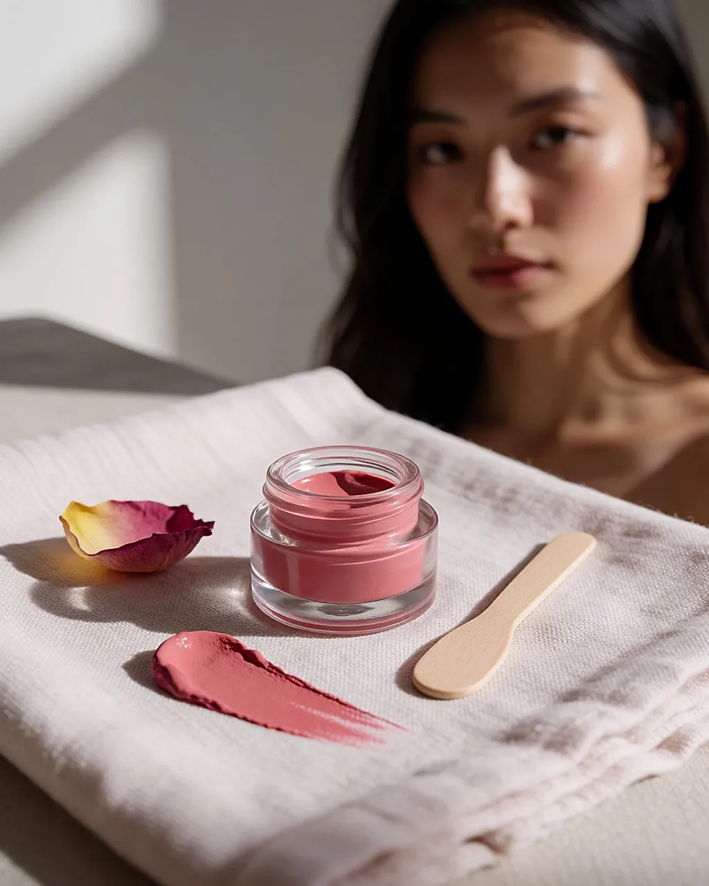 Kleines Glas mit rosafarbenem Blush-Gelee, ein Klecks davon auf hellem Leinen verrieben