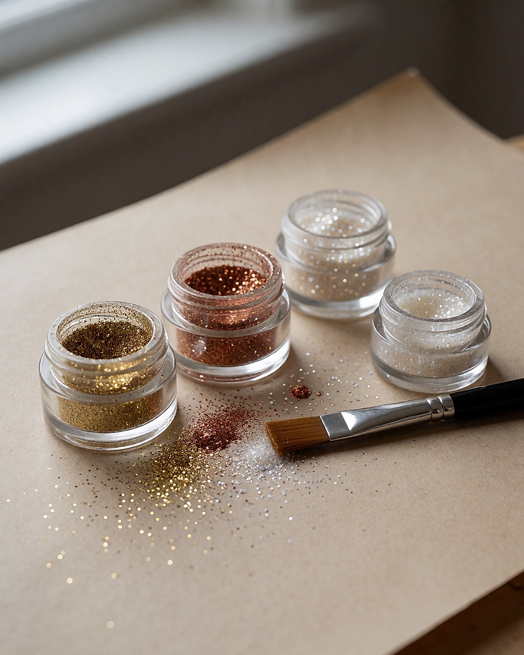 Pots de verre de paillettes biodégradables dorées, cuivrées et nacrées, quelques éclats renversés