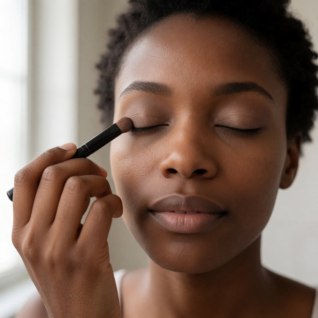 Jeune femme noire appliquant une ombre crème taupe du bout du doigt sur sa paupière