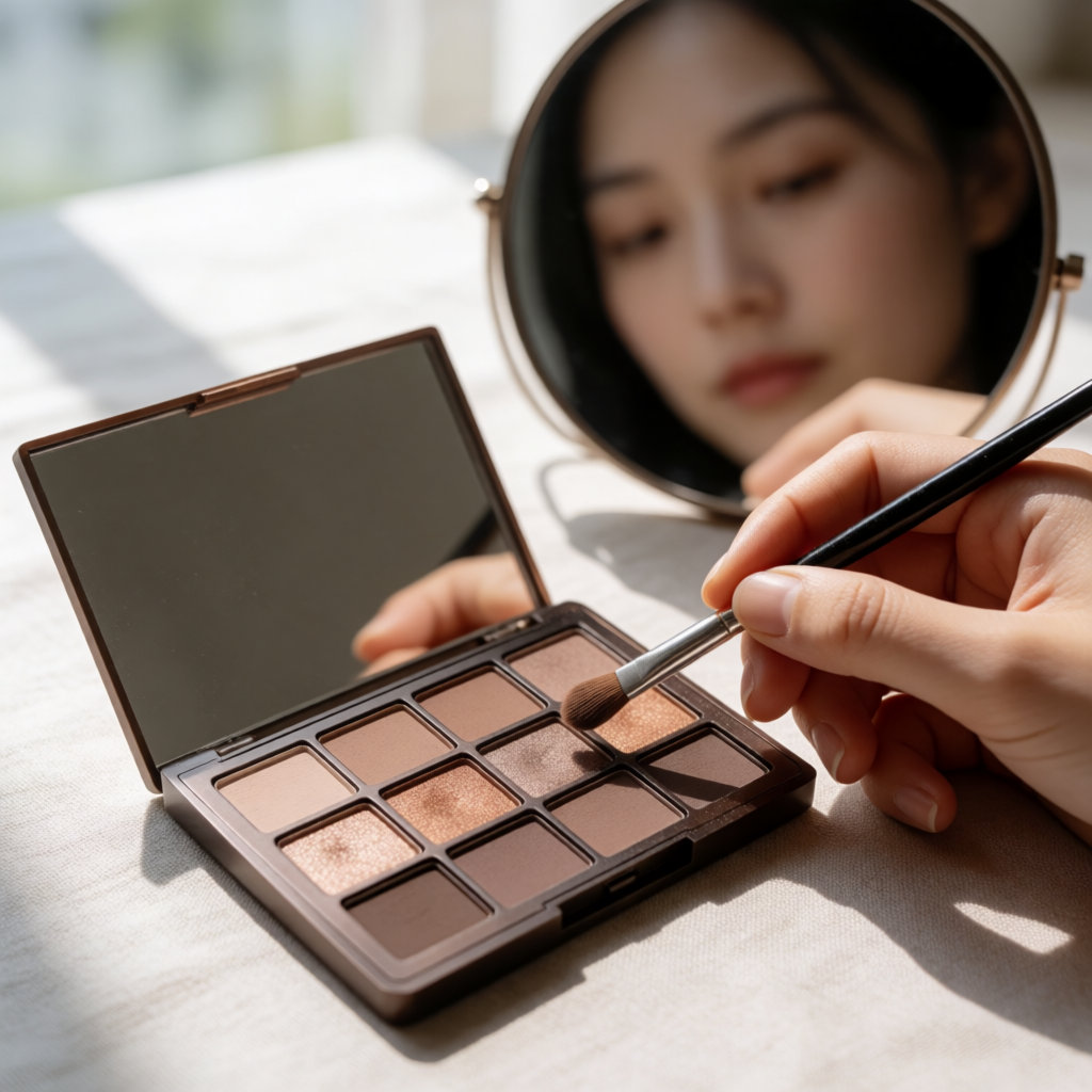 Palette de fards nude et cuivrés, pinceau tenu au-dessus par une jeune femme asiatique