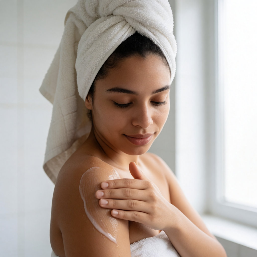 Jeune femme sud-américaine appliquant un gel après-soleil léger sur son épaule humide