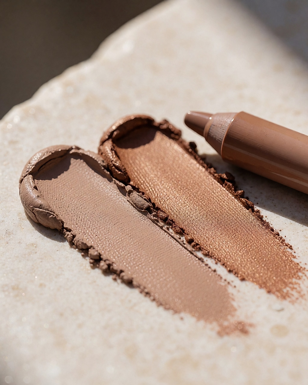 Deux traînées d'ombre crème taupe et cuivre sur une pierre claire, crayon posé à côté