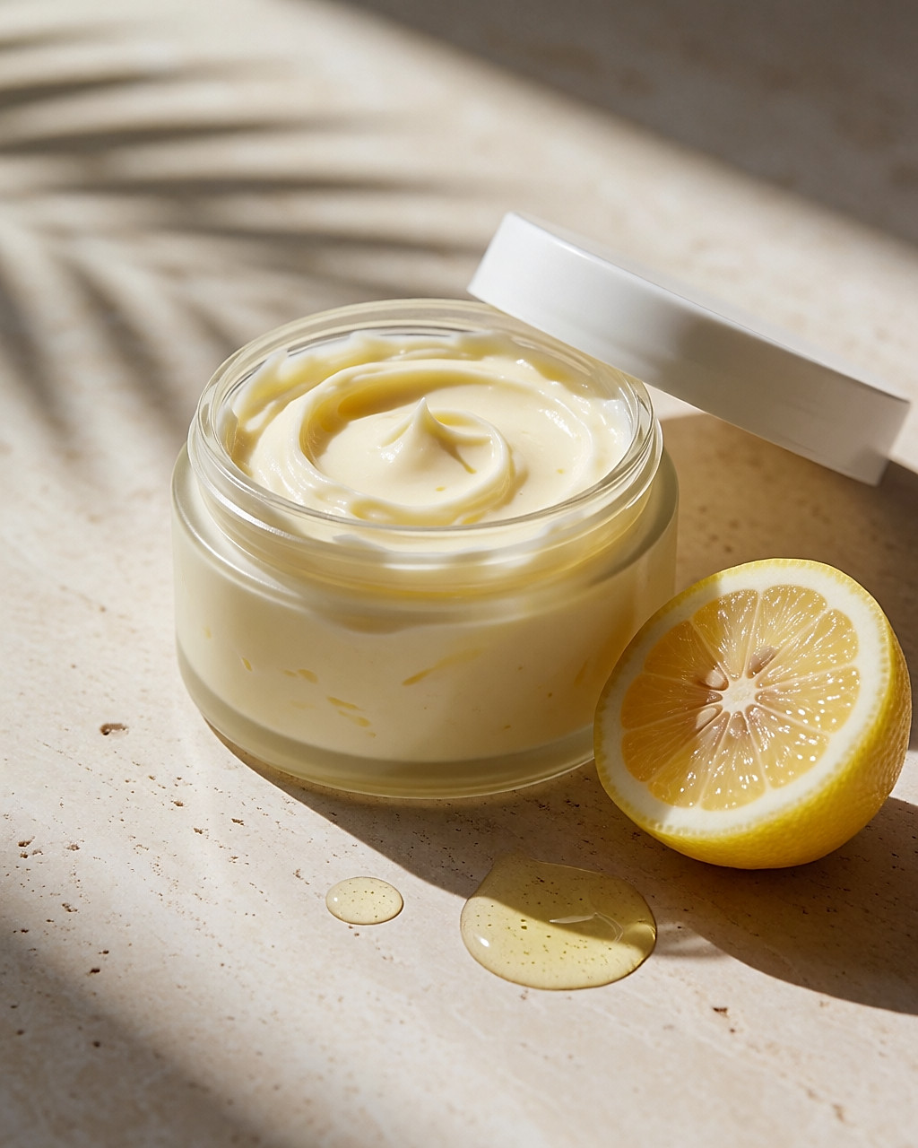 Pot de beurre corporel au citron, texture fouettée jaune pâle, citron frais à côté