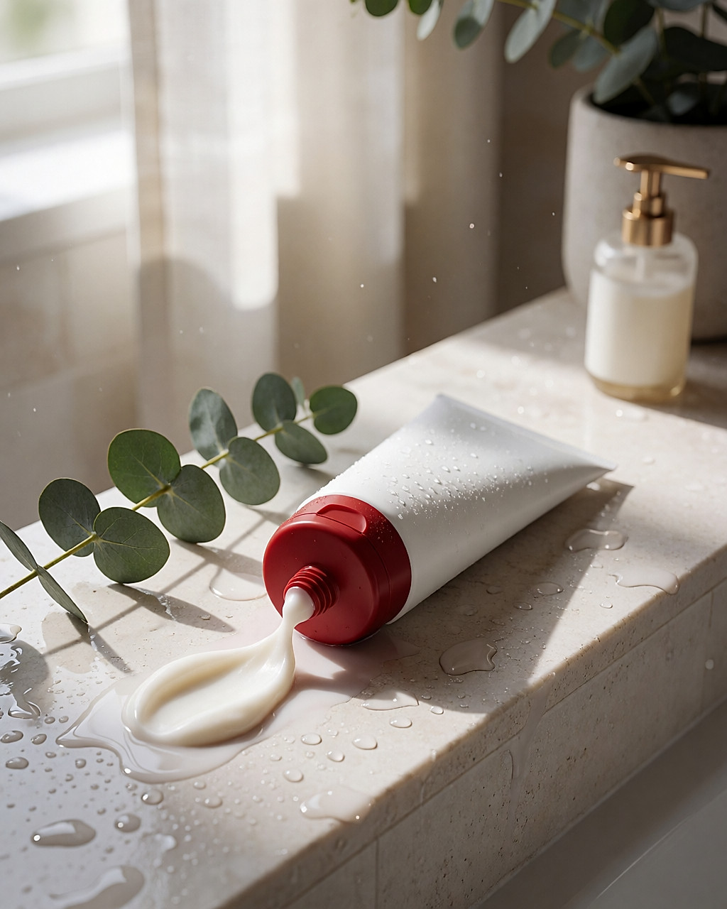 Tube de masque capillaire réparateur, crème riche sur une pierre claire et humide