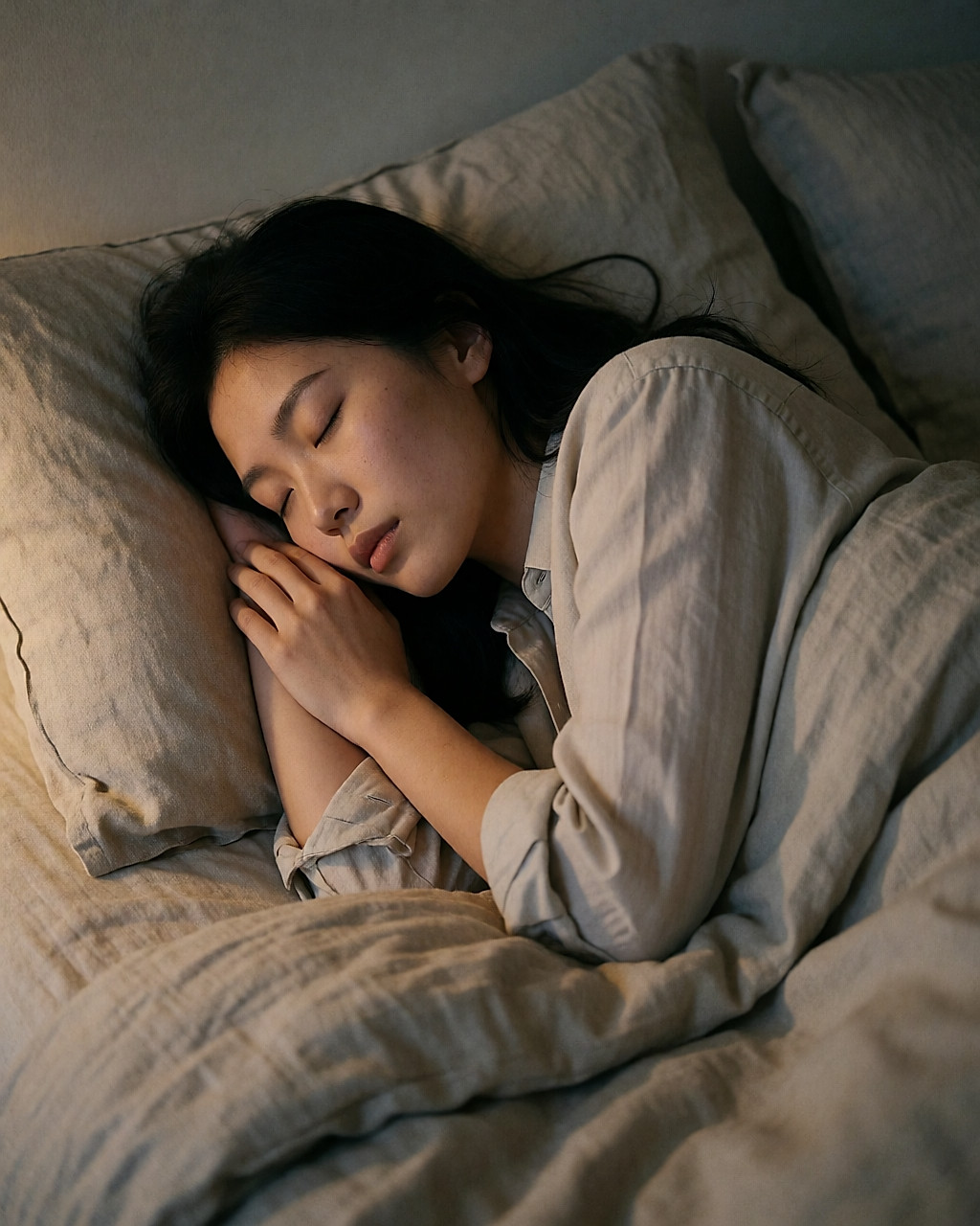 Jeune femme asiatique endormie sur le côté dans un lit, cheveux détachés, douce lumière de chevet