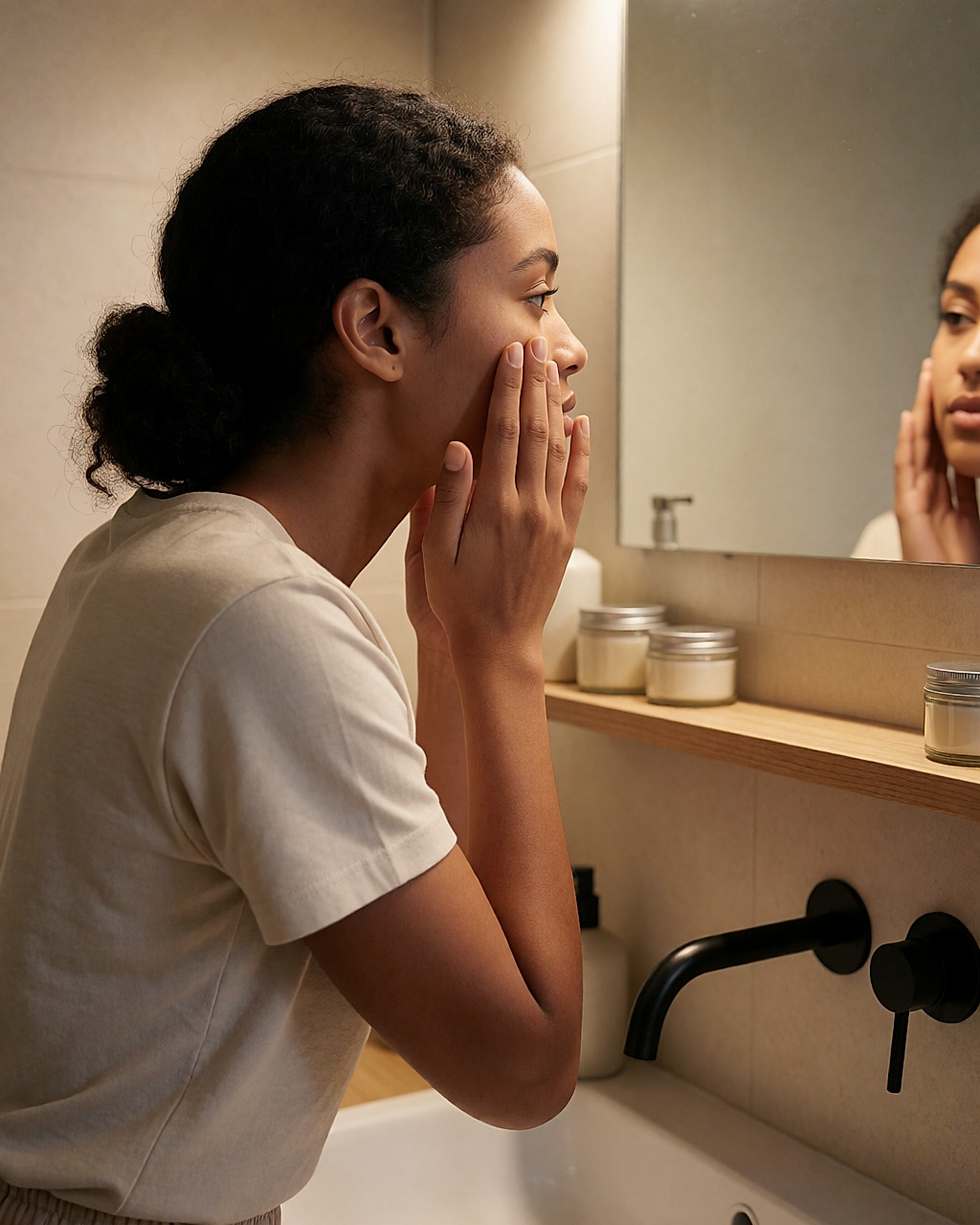 Femme métissée appliquant une crème de nuit devant son lavabo, cheveux relevés en chignon bas