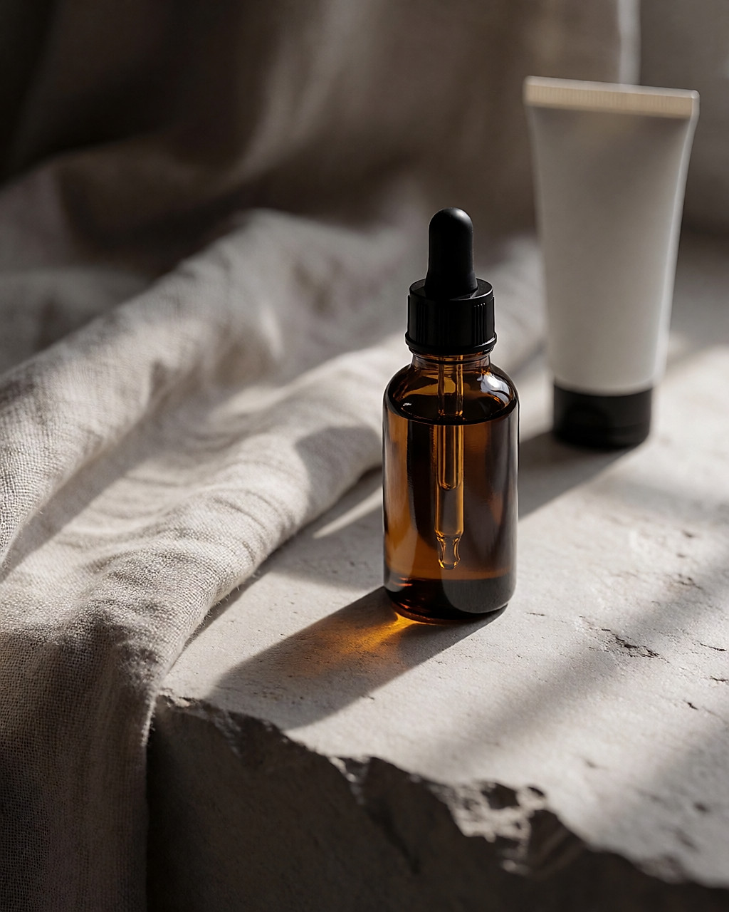 Flacon compte-gouttes en verre ambré de sérum au rétinol posé près d'un lin, lumière de fin de journée