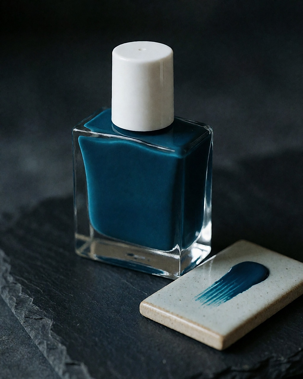 Flacon de vernis bleu-vert profond, presque noir, posé sur une surface sombre