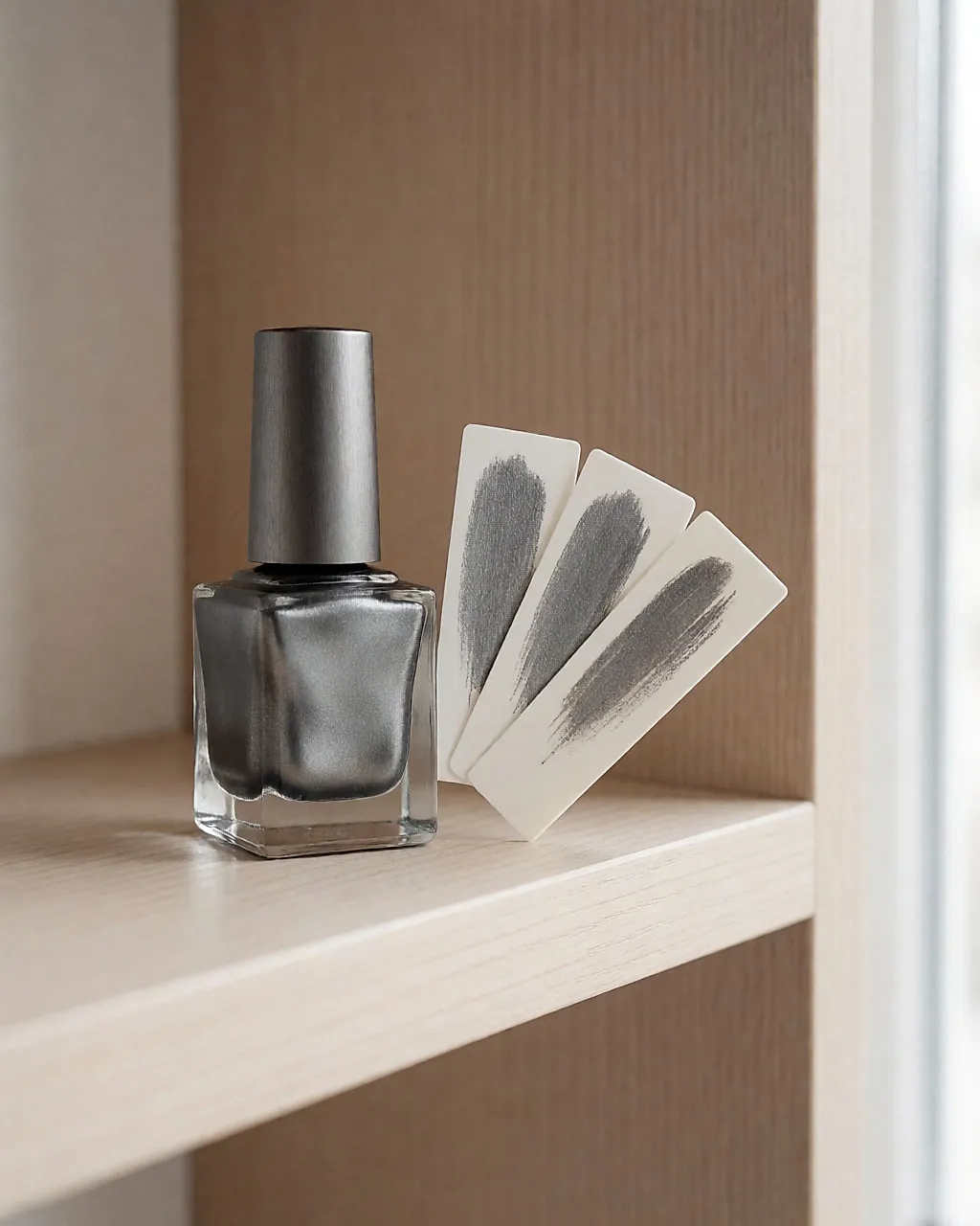 Metallic-grauer Nagellack im Fläschchen und Proben mit gebürstetem Stahlglanz