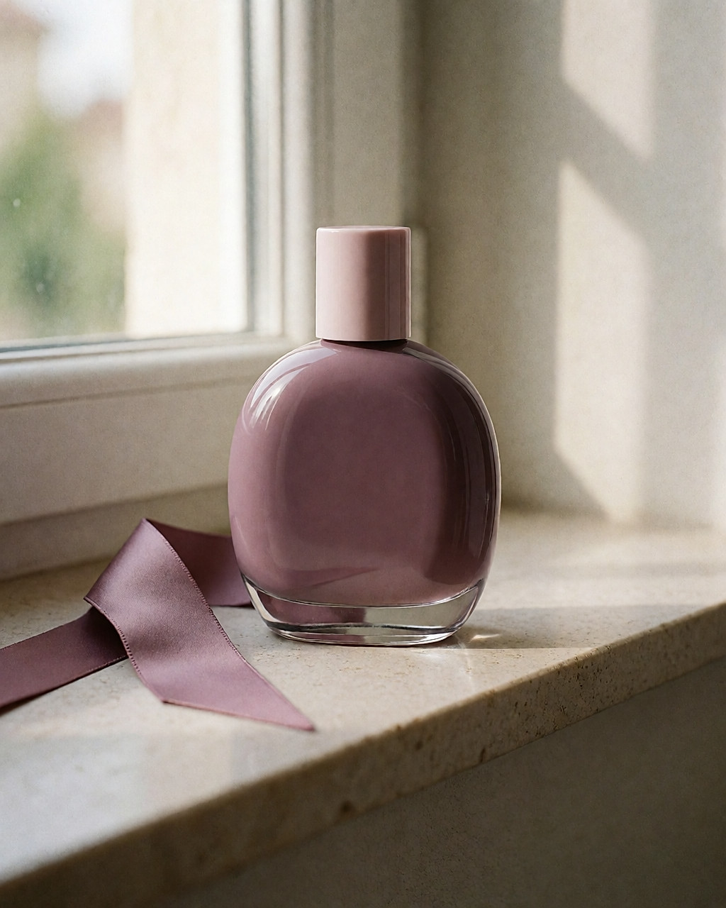 Vernis mauve poudré dans un flacon rond posé sur une étagère claire