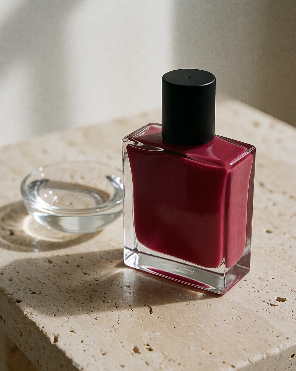 Flacon rectangulaire à bouchon noir rempli d'un vernis rouge framboise sombre