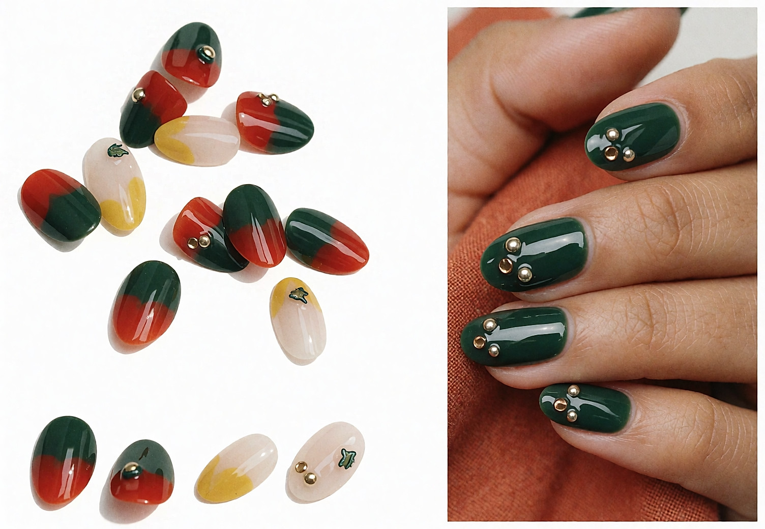 Ongles vert profond ornés de petits motifs 3D métalliques, main posée sur du lin sombre