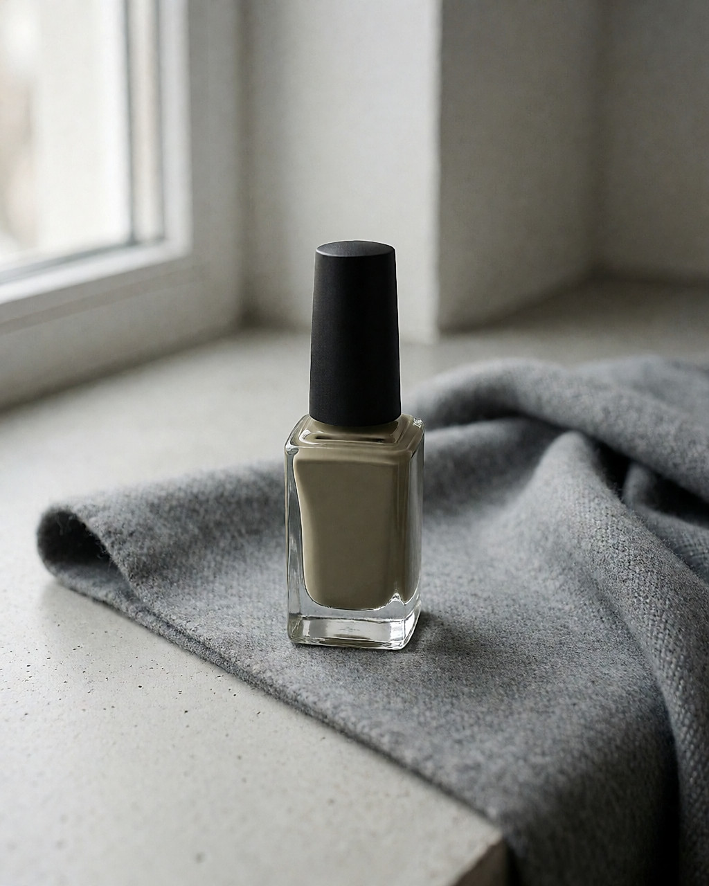 Flacon de vernis kaki-taupe à bouchon noir mat posé sur une écharpe en laine grise