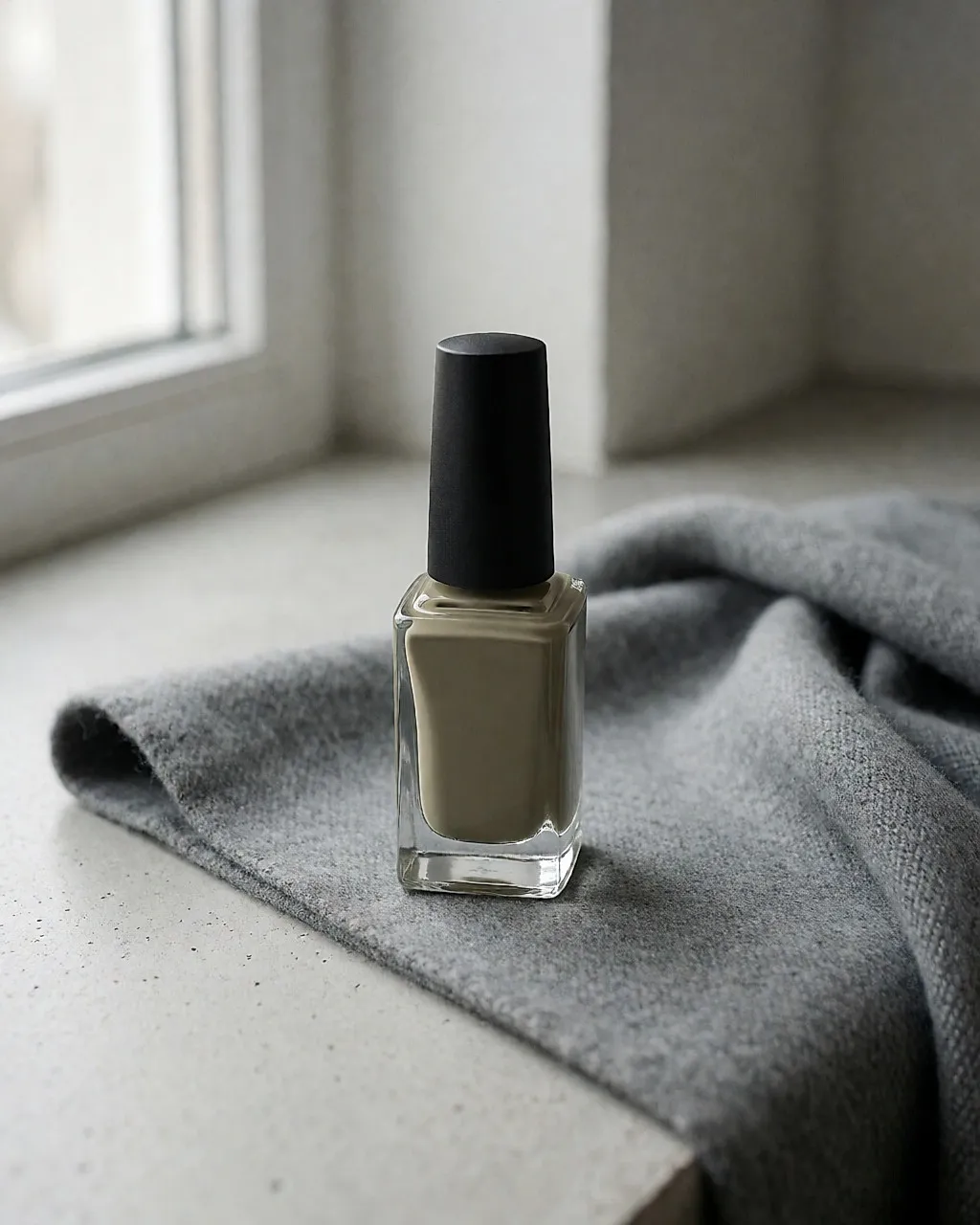 Khaki-taupefarbener Nagellack mit mattem schwarzem Deckel auf einem grauen Wollschal
