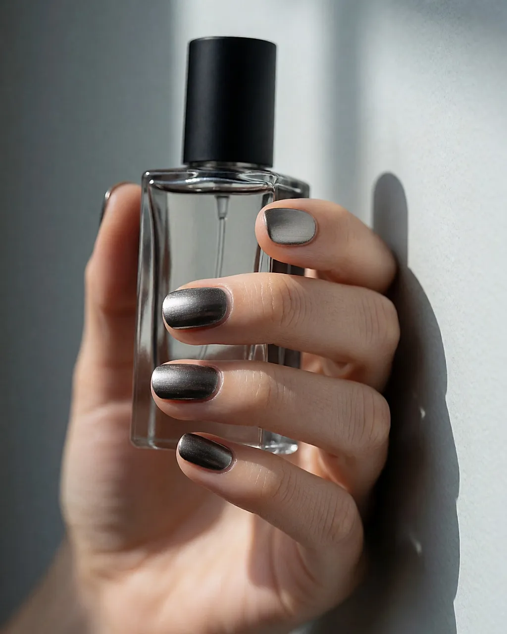 Kurze Nägel mit zinnfarbenem Metallic-Lack, Hand vor einer hellgrauen Wand erhoben