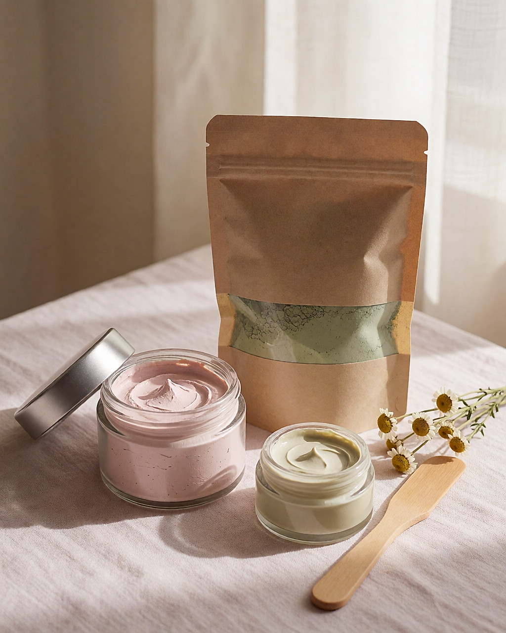 Trois masques naturels — argile rose, poudre d'argile verte, crème — posés sur un lin clair