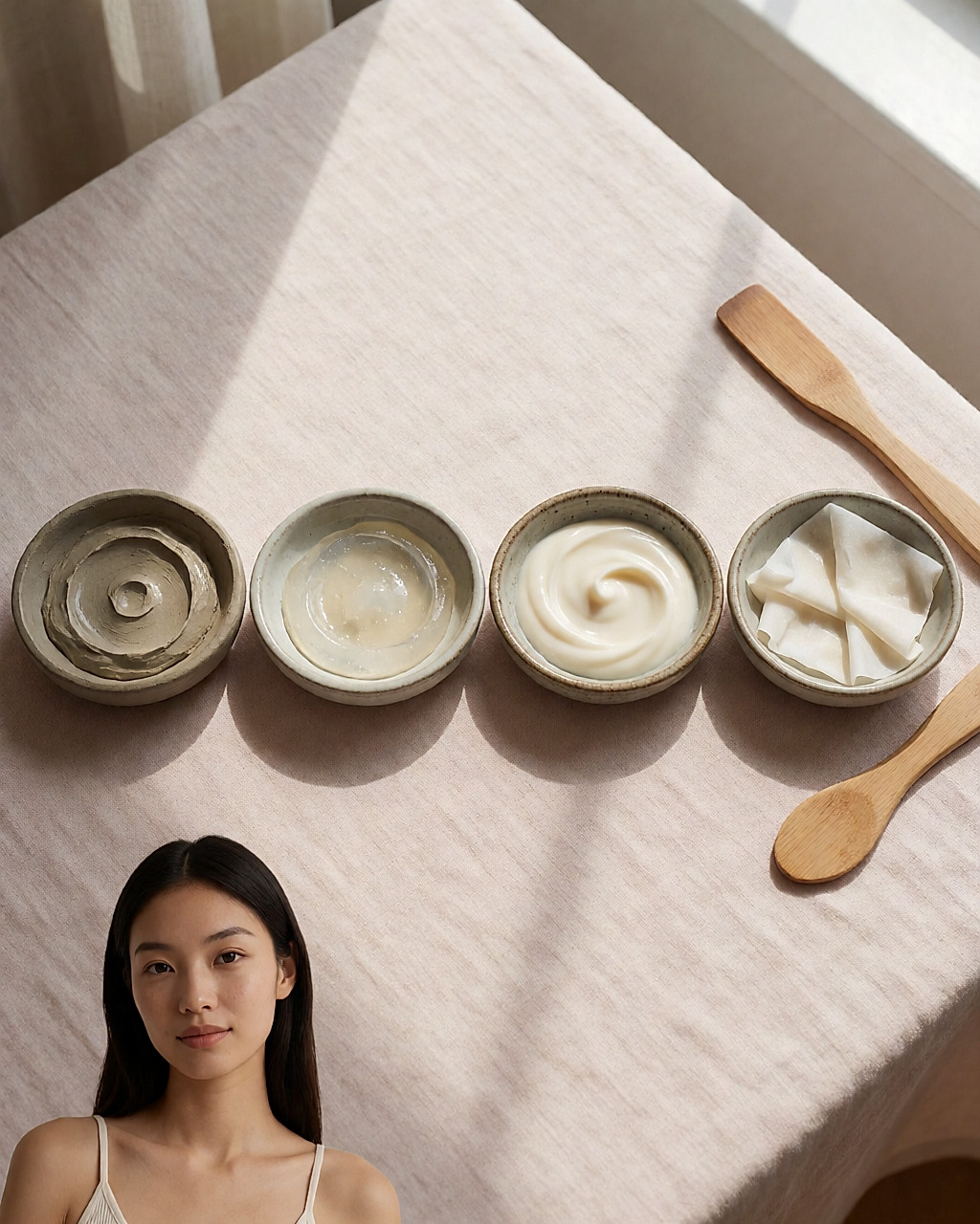 Quatre coupelles d'argile, de gelée, de crème et de masque en tissu vues du dessus