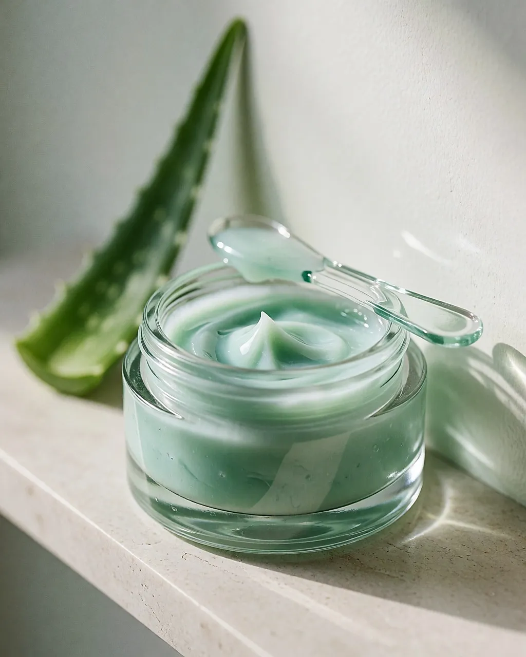 Offenes Glasgefäß mit grüner Gelmaske, Glasspatel am Rand, auf einem hellen Steinregal