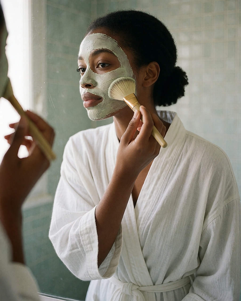 Jeune femme noire appliquant un masque d'argile au pinceau en bambou sur sa joue, devant le miroir d'une salle de bain