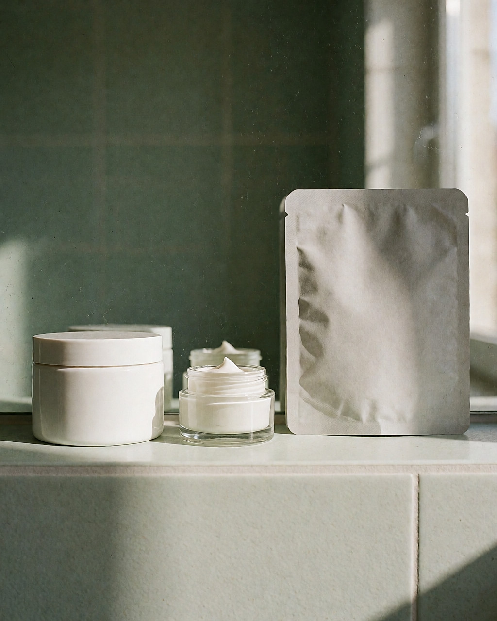 Trois masques de formats et de prix différents alignés sur l'étagère claire d'une salle de bain