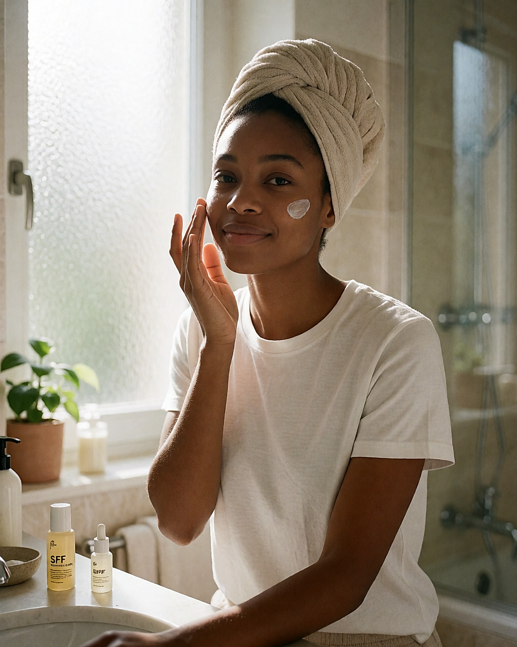 Jeune femme appliquant sa crème hydratante dans une salle de bain lumineuse