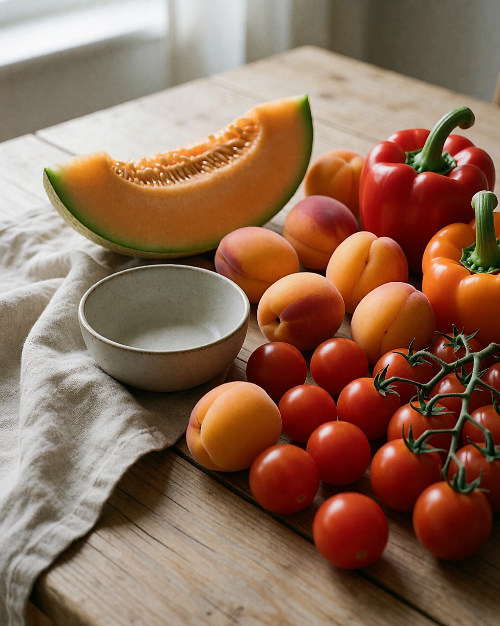 Nature morte de melon, abricots, tomates et poivrons rouges sur une table en bois
