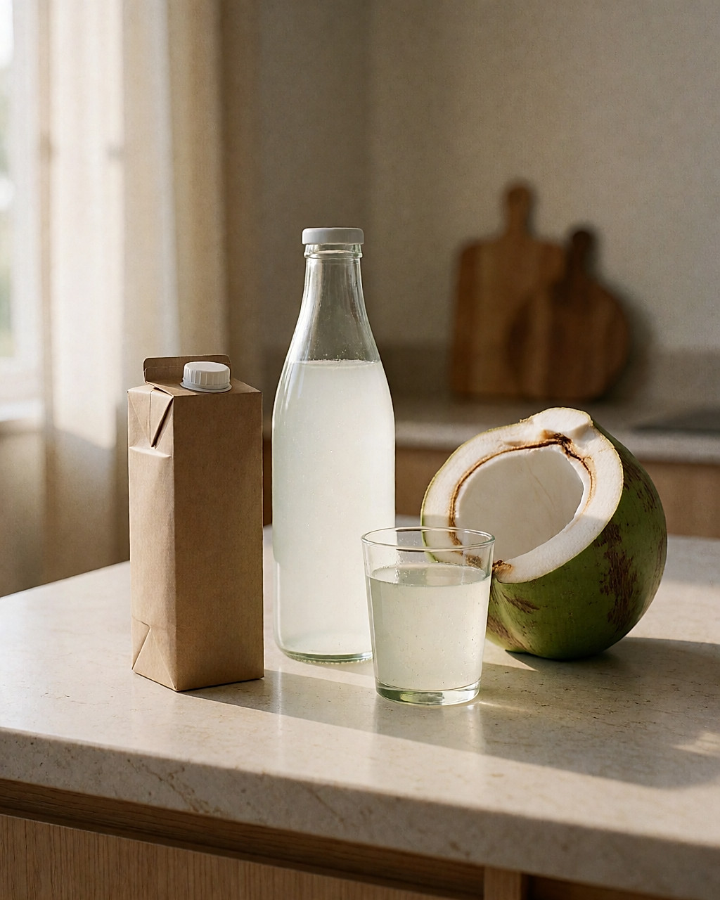 Brique en carton kraft et bouteille de verre d'eau de coco avec une noix fraîche ouverte sur un plan de travail