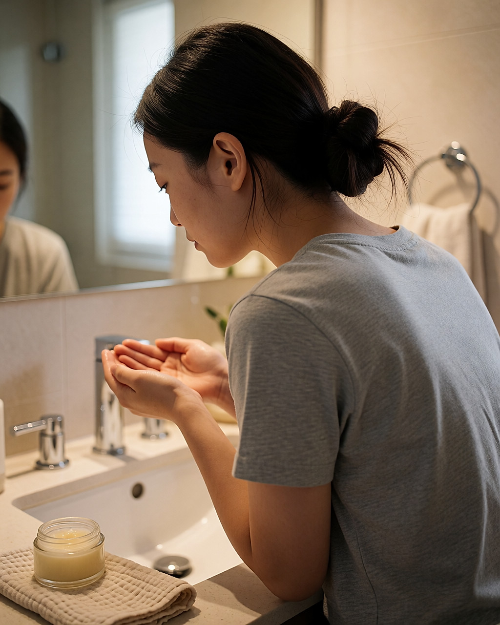 Jeune femme penchée sur le lavabo, rinçant un baume démaquillant à l'eau tiède, chignon bas visible