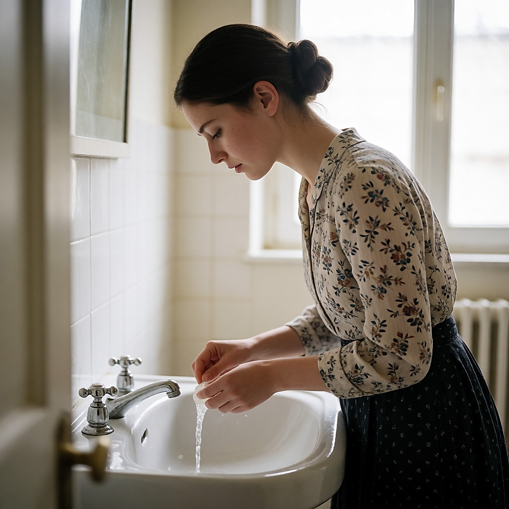 Junge Frau über dem Waschbecken, die einen Reinigungsbalsam mit lauwarmem Wasser abspült, tiefer Dutt