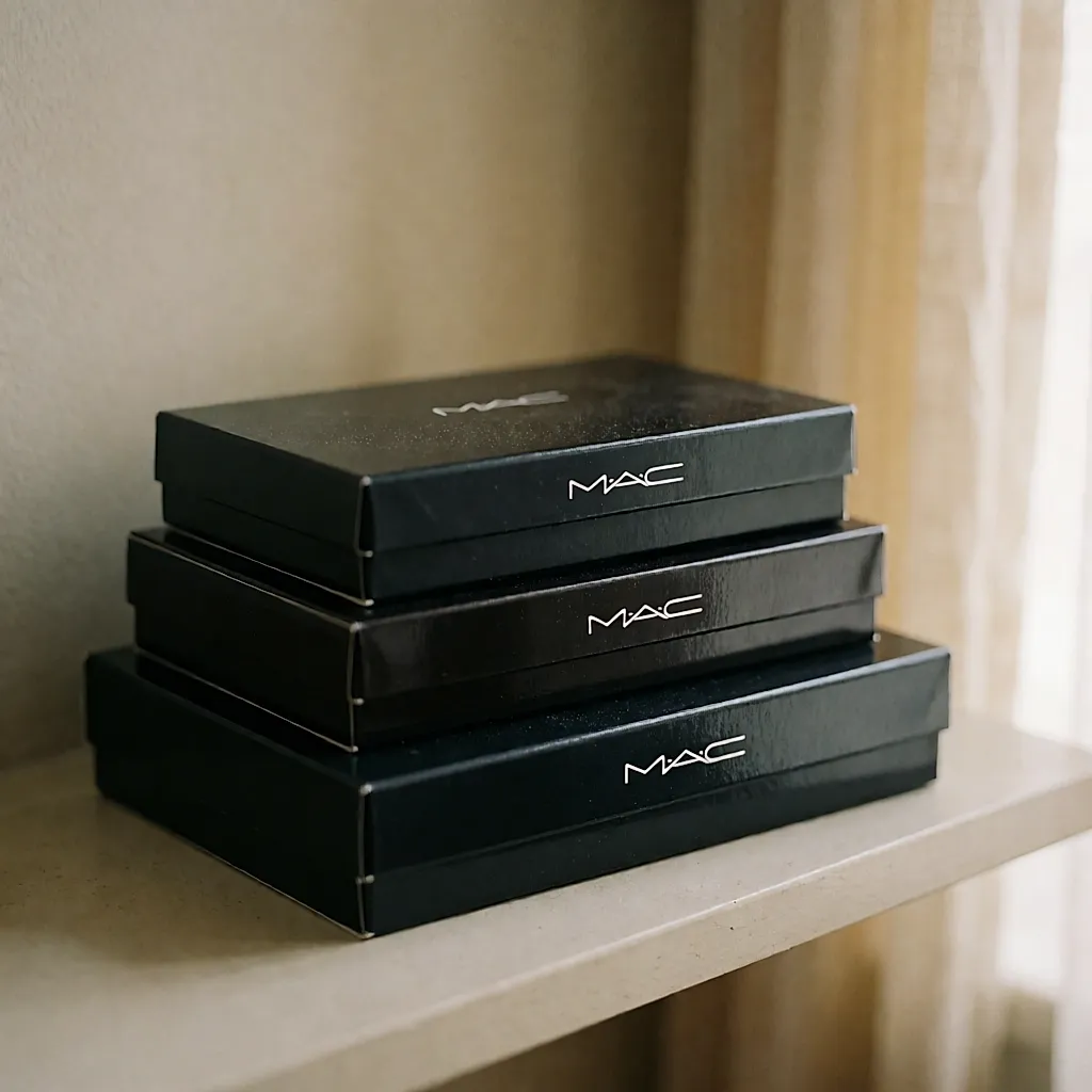 Gestapelte, kaum benutzte Make-up-Sets von MAC auf einem Regal