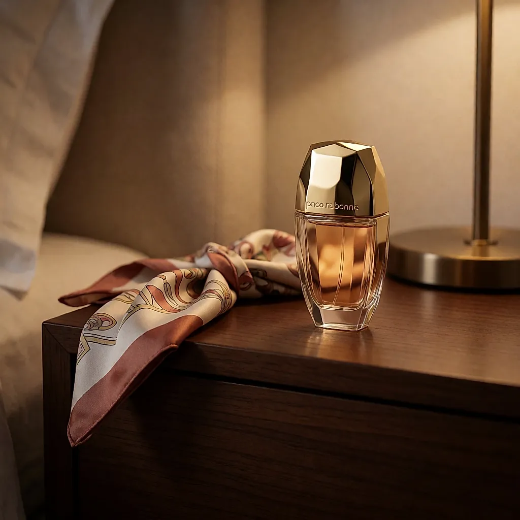 Goldener Flakon Lady Million von Paco Rabanne auf einem Nachttisch im Abendlicht