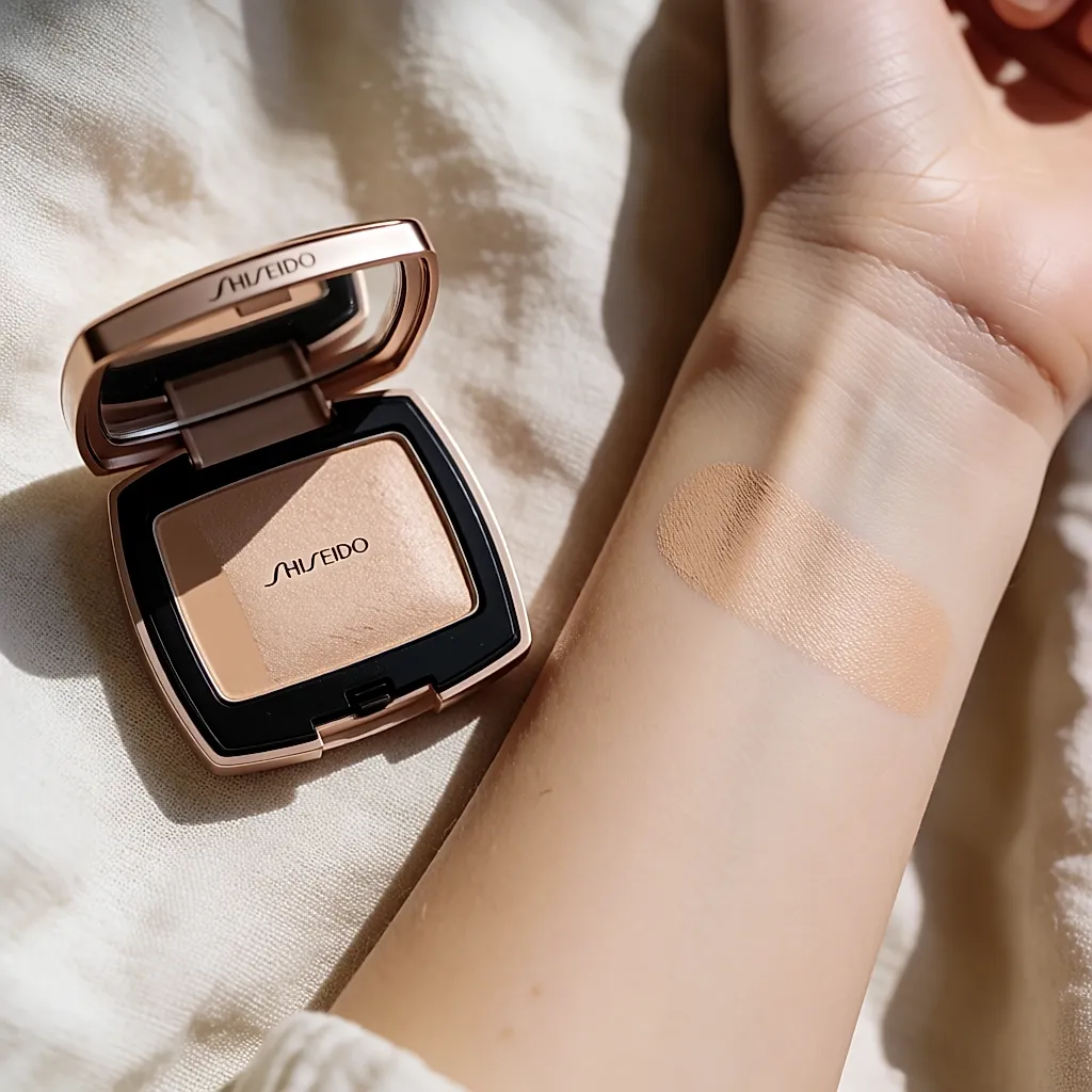 Offene Lidschatten-Dose von Shiseido mit einem Swatch in warmem Beige auf dem Unterarm