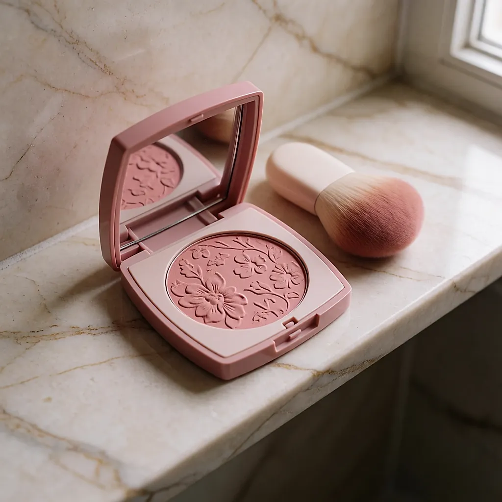 Geöffnetes Rouge-Compact von Givenchy mit Rosenmuster und Puderpinsel auf Marmor
