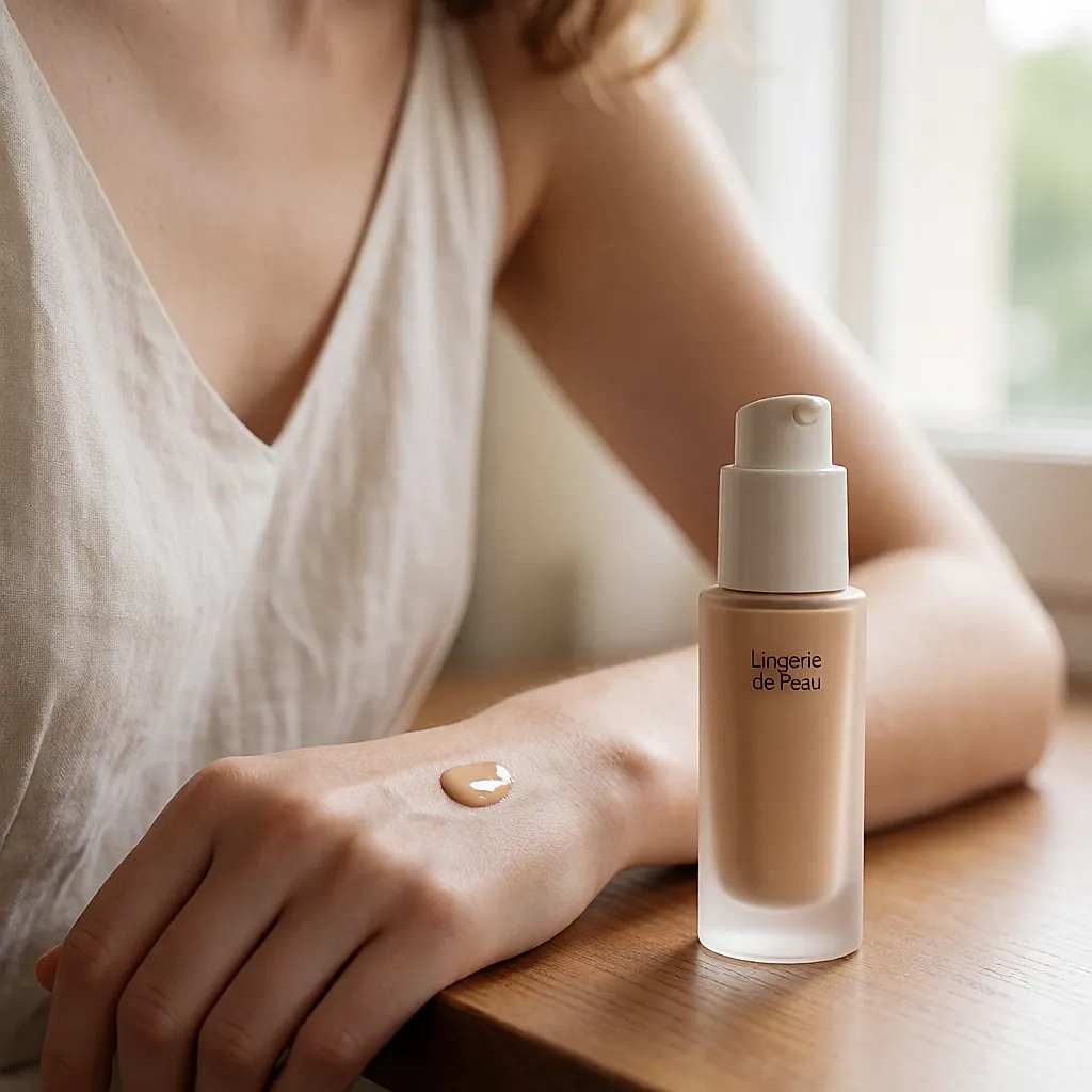Tropfen der Foundation Lingerie de Peau von Guerlain auf dem Handrücken